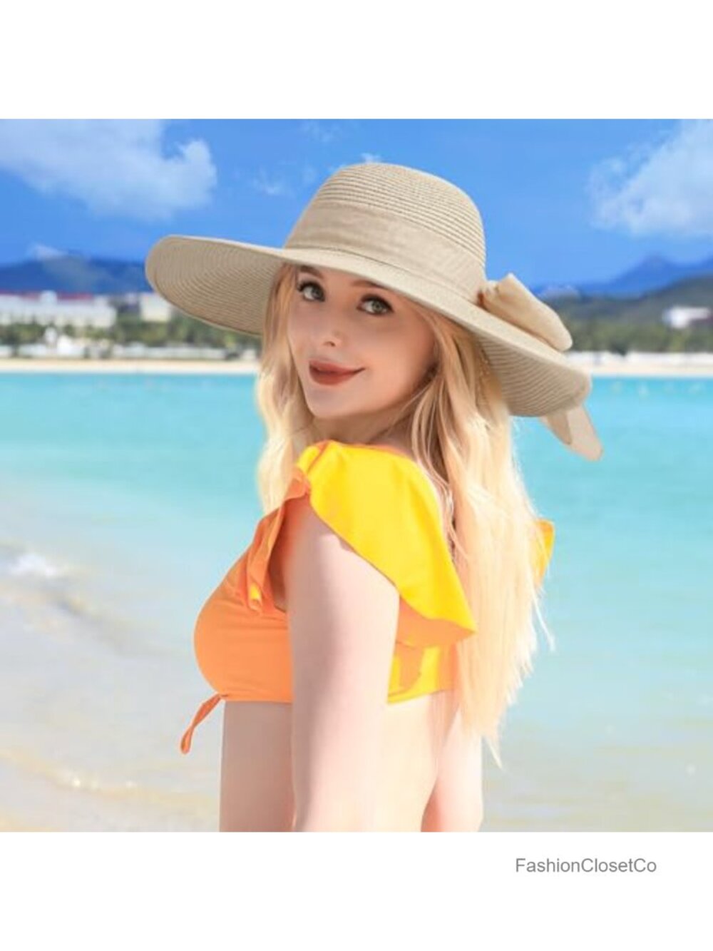 Wide Brim Straw Sun Hat with Chin Strap, Foldable UPF 50+ - Picture 2 of 6
